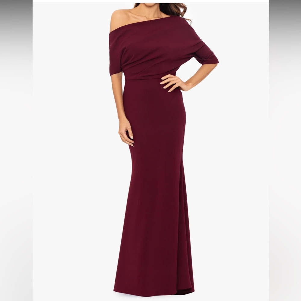 “Madeline” long scuba crepe off the shoulder Evening Gown